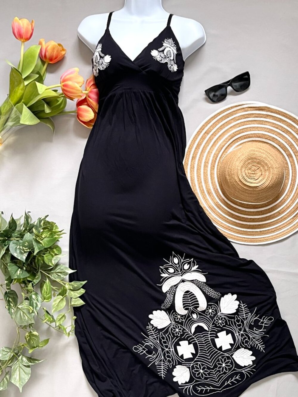 Black Maxi Boho Slip Dress XL with White Embroidered Detail spaghetti straps